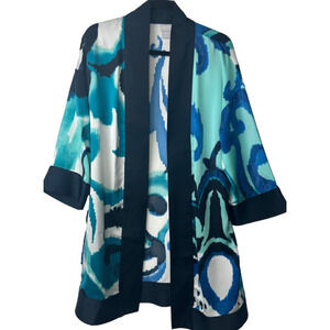 CHICO'S AGATE BLUE WHITE TRAVELERS SCROLL PRINT KIMONO TOP JACKET S/M Open D3